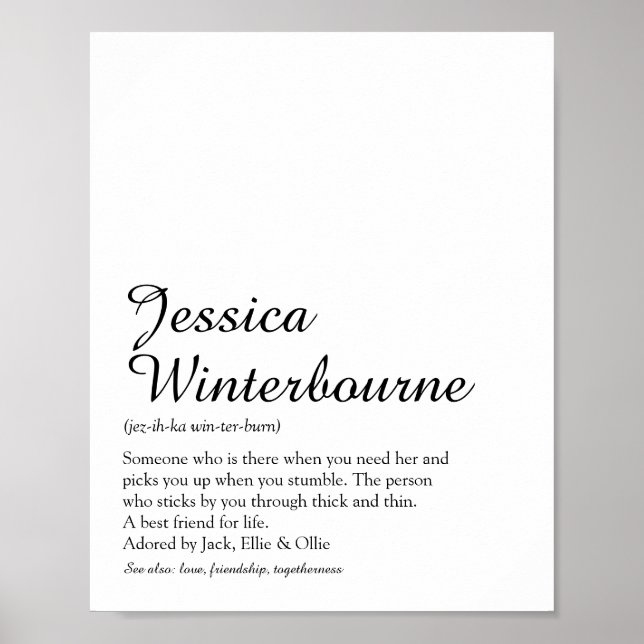 Name Definition Chic Skript Schwarz und Weiß Poster (Vorne)