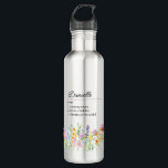 Name Definition mit empfindlichen Wildblumen Edelstahlflasche<br><div class="desc">Wildblume Tasse mit individuelle Name Definition. Die Personalisierungsvorlage ist für Sie bereit, Ihren Namen und Ihre ausgewählte Definition hinzuzufügen, indem Sie 3 persönliche Eigenschaften, Eigenschaften oder Fähigkeiten auflisten, die wahr, lustig, gut oder schlecht sein könnten. Das Design umfasst zarte Aquarellwiesen wilde Blume in rosa-orange lila blau und gelb. Es ist...</div>
