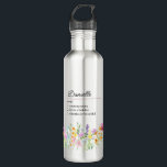 Name Definition mit empfindlichen Wildblumen Edelstahlflasche<br><div class="desc">Wildblume Tasse mit individuelle Name Definition. Die Personalisierungsvorlage ist für Sie bereit, Ihren Namen und Ihre ausgewählte Definition hinzuzufügen, indem Sie 3 persönliche Eigenschaften, Eigenschaften oder Fähigkeiten auflisten, die wahr, lustig, gut oder schlecht sein könnten. Das Design umfasst zarte Aquarellwiesen wilde Blume in rosa-orange lila blau und gelb. Es ist...</div>