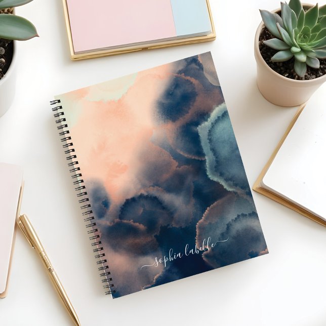Name der abstrakten Marine, Pink & Minze Aquarellf Notizbuch (Abstract Navy, Pink & Mint Watercolor Agate Name Notebook)