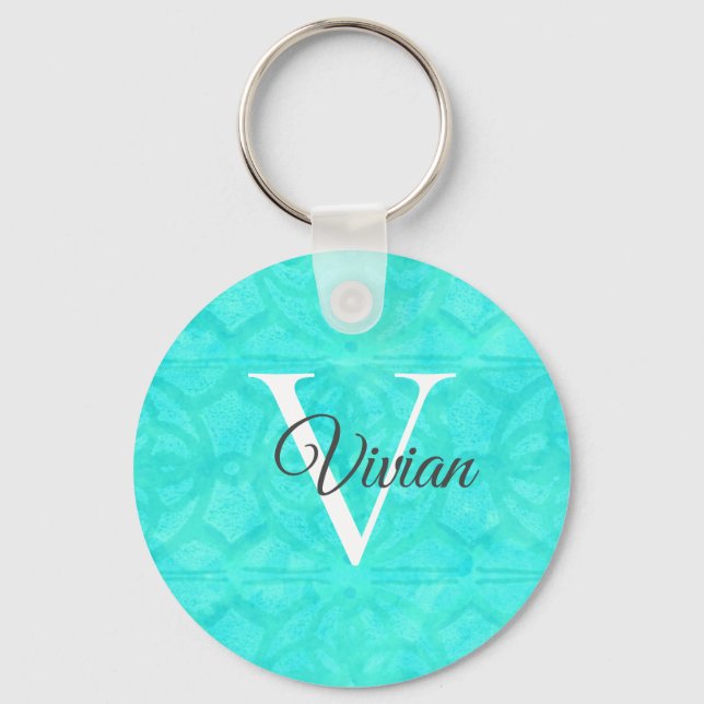 Name der Aqua Blue Watercolor Monogram Schlüsselanhänger (Vorderseite)