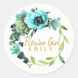 Name der aquamarinen Blütenblume (Peony Wreath Flo Runder Aufkleber