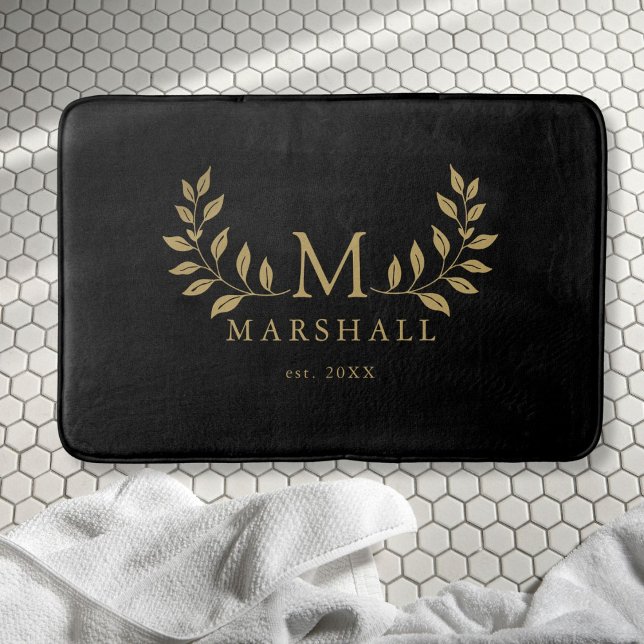 Name der blauen und goldenen Monogrammfamilie Badematte (Black And Gold Modern Floral Monogram Family Name Bath Mat)