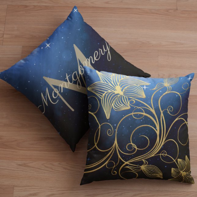 Name der Blue Starry Galaxy Gold Floral Monogram N Kissen (Von Creator hochgeladen)