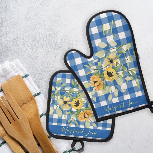Name der blumengeschmückten Landesküche kariert bl Ofenhandschuh & Topflappen-Set (Von Creator hochgeladen)