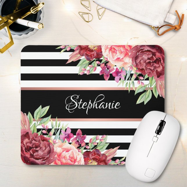 Name der Borgundy Floral Black Stripes Monogramm Mousepad (Von Creator hochgeladen)