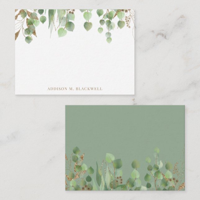 Name der Eukalyptus-Blätter Gold und Grün Mitteilungskarte (Vorne/Hinten)
