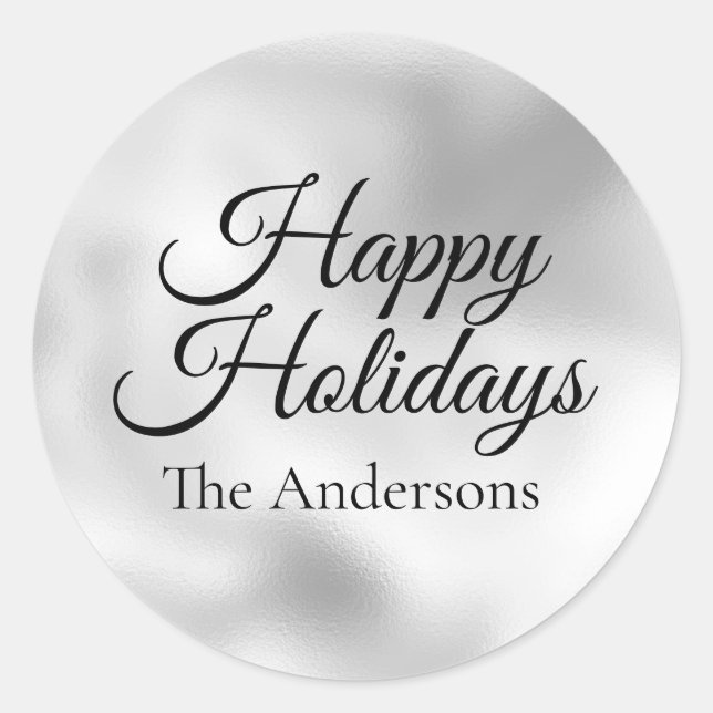 Name der Familie Silver Happy Holidays Runder Aufkleber (Vorderseite)