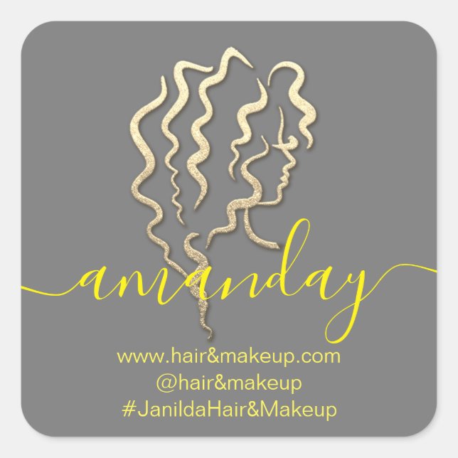 Name der Firma Beauty Studio Grau Yellow Gold Quadratischer Aufkleber (Vorderseite)
