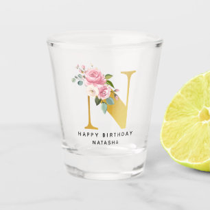 Name der Floral personalisiert Happy Birthday Schnapsglas