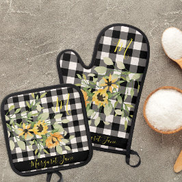Name der floralen Monogramm-Bauernküche kariert Ofenhandschuh & Topflappen-Set