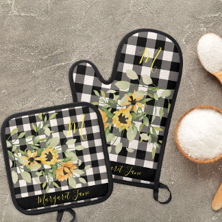 Name der floralen Monogramm-Bauernküche kariert Ofenhandschuh & Topflappen-Set
