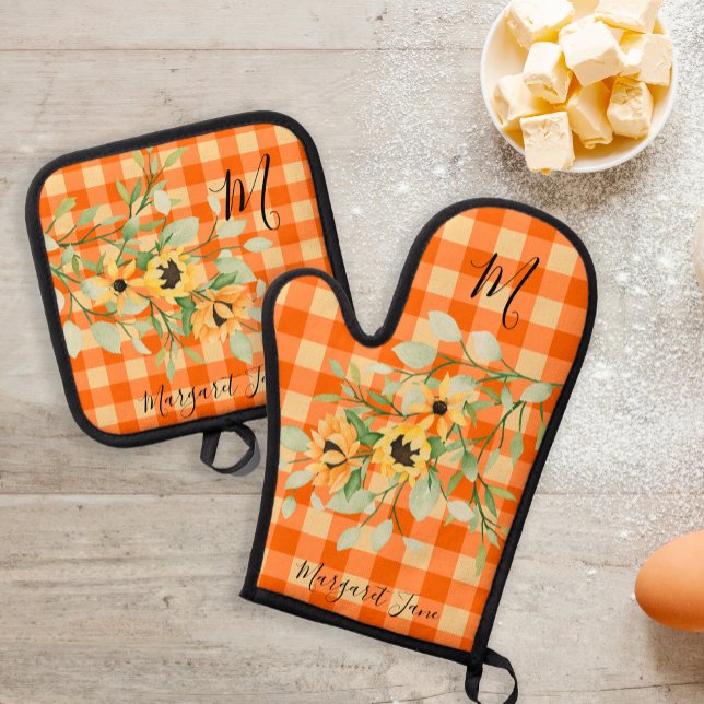 Name der floralen Retro-Küche Monogramm kariert Ofenhandschuh & Topflappen-Set (Von Creator hochgeladen)