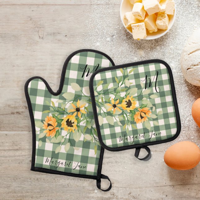 Name der floralen Retro-Küche Monogramm kariert Ofenhandschuh & Topflappen-Set (Von Creator hochgeladen)
