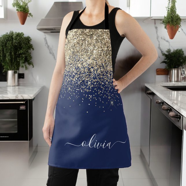 Name der Girl Monogram, Navy Blue Gold Glitzer Schürze (Von Creator hochgeladen)