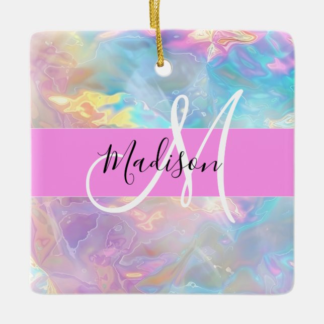Name der Girly Rainbow Holographic Iridesgram Mono Keramikornament (Vorderseite)