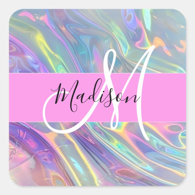 Name der Girly Rainbow Holographic Iridesgram Mono Quadratischer Aufkleber (Vorderseite)