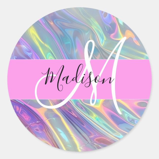 Name der Girly Rainbow Holographic Iridesgram Mono Runder Aufkleber (Vorderseite)