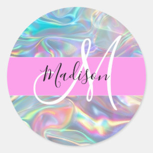 Name der Girly Rainbow Holographic Iridesgram Mono Runder Aufkleber