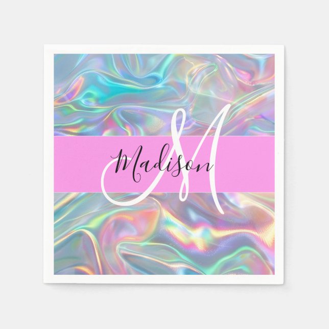 Name der Girly Rainbow Holographic Iridesgram Mono Serviette (Vorderseite)