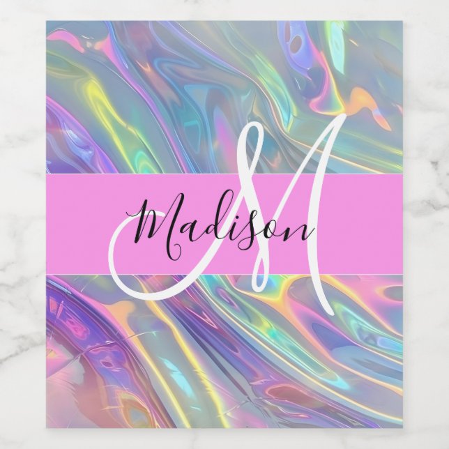 Name der Girly Rainbow Holographic Iridesgram Mono Weinetikett (Einzelnes Label)