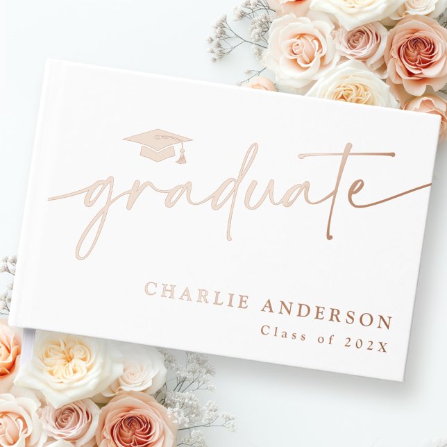 Name der Graduiertenkappe für Elegant-Abschluss Gästebuch (Elegant graduation script graduate cap name white foil guest book)