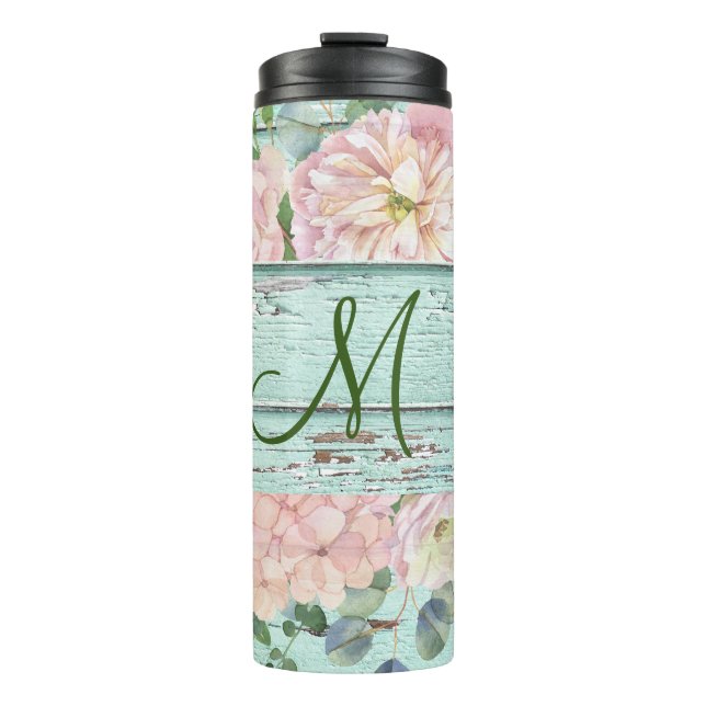 Name der Holzmonogramm-Ältere mit Hydrangea Bloom Thermosbecher (Vorderseite)