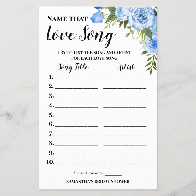 Name der Liebe Song Brautparty Blue Game Card Flyer (Vorne)