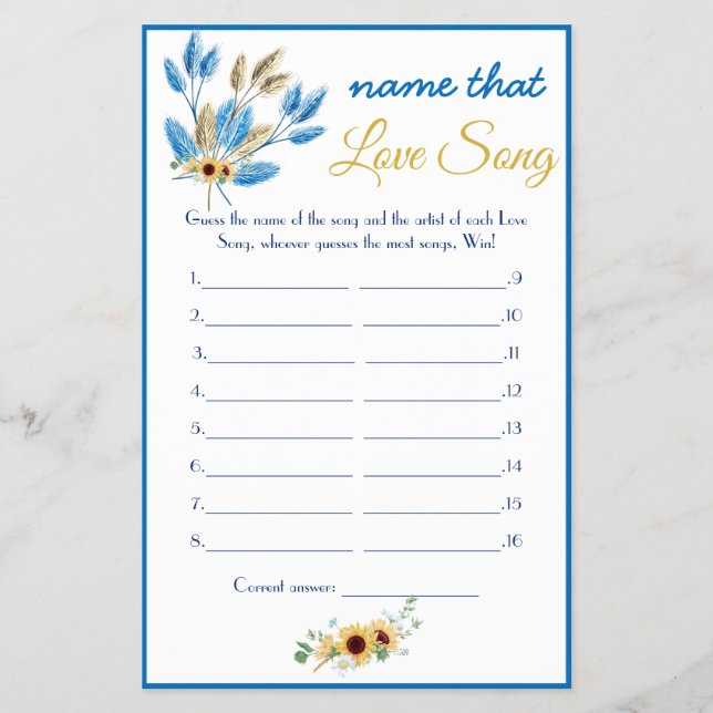 Name der Liebe Song Brautparty Game Card Flyer (Vorne)