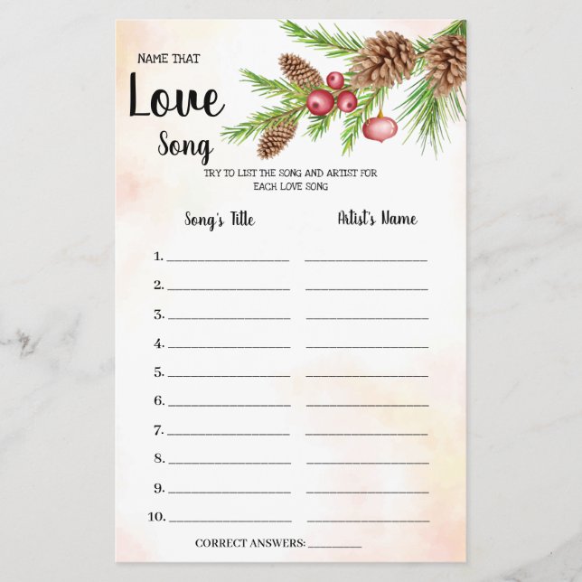 Name der Liebe Song Brautparty Game Card Flyer (Vorne)