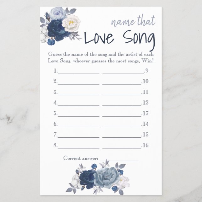 Name der Liebe Song Brautparty Game Card Flyer (Vorne)