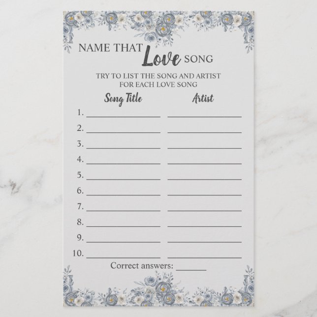 Name der Liebe Song Gray Floral Game Card Flyer (Vorne)
