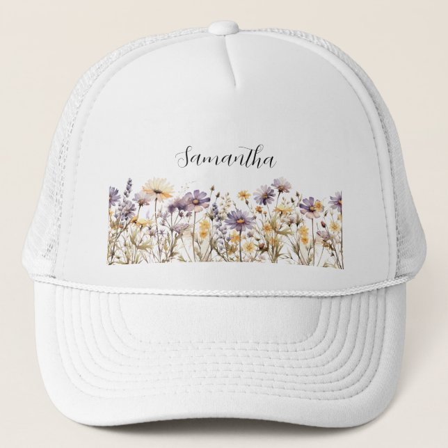 Name der lila floralen Wildblume Truckerkappe (Vorderseite)