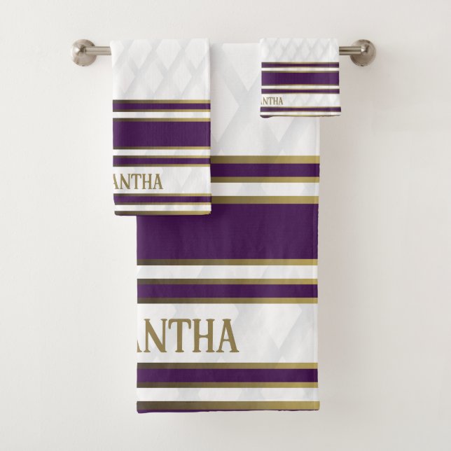 Name der Lila und goldfarbenen Streifen Badhandtuch Set (Insitu)