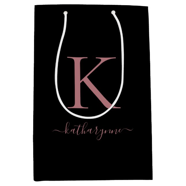 Name der modernen, schwarz rosa Rose Gold Monogram Mittlere Geschenktüte (Vorderseite)