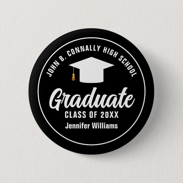 Name der modernen Schwarz-weiß Graduierungspartei Button (Vorderseite)
