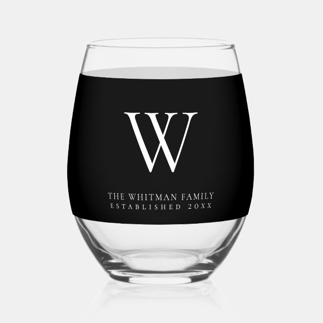 Name der Monogrammfamilie Modernes Schwarz Weinglas Ohne Stiel (Vorderseite)
