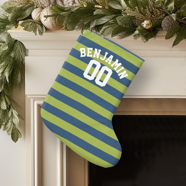 Name der nacht-blauen und lime-grünen Streifen Kleiner Weihnachtsstrumpf (Personalized Christmas Stocking)