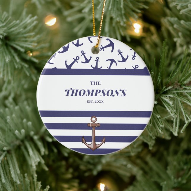 Name der Nautic Anchor Muster Navy Stripes Keramik Ornament (Baum)