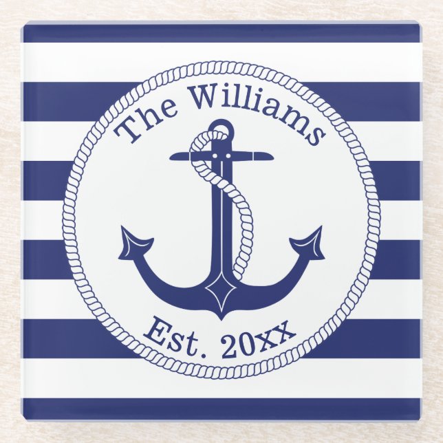 Name der Nautic Anchor Navy Blue Stripes Glasuntersetzer (Vorderseite)