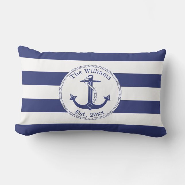 Name der Nautic Anchor Navy Blue Stripes Kissen Für Draußen (Vorderseite)