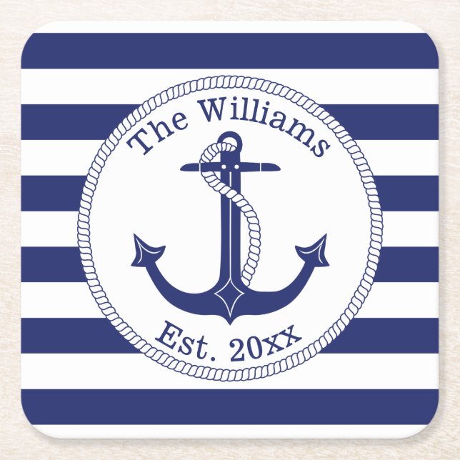 Name der Nautic Anchor Navy Blue Stripes Rechteckiger Pappuntersetzer (Vorderseite)