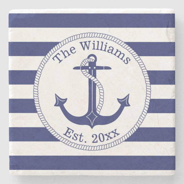 Name der Nautic Anchor Navy Blue Stripes Steinuntersetzer (Vorderseite)