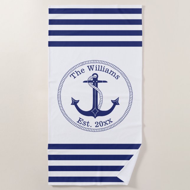 Name der Nautic Anchor Navy Blue Stripes Strandtuch (Vorderseite)