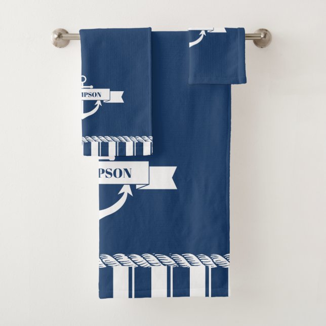 Name der Nautical Navy White Strips Ankerbezeichnu Badhandtuch Set (Insitu)