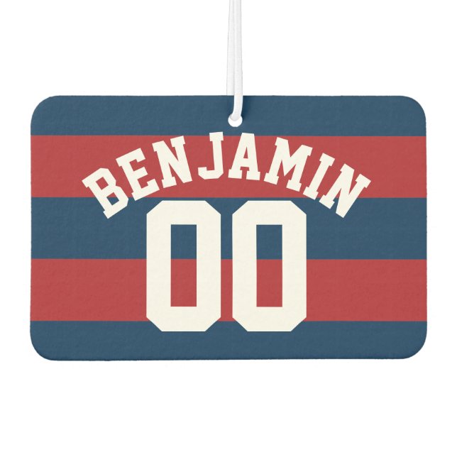 Name der Navy Blue und Red Rugby Stripes Autolufterfrischer (Vorderseite)