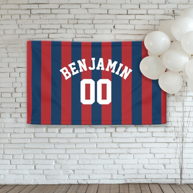 Name der Navy Blue und Red Rugby Stripes Banner (Custom Birthday or Room Decor Banner)
