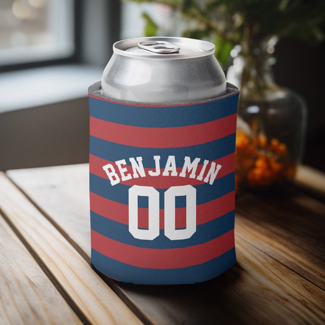Name der Navy Blue und Red Rugby Stripes Dosenkühler (Personalized Can Cooler - add a name and custom text to this sports jersey design)