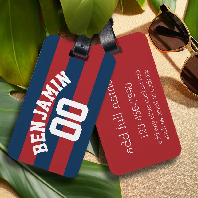 Name der Navy Blue und Red Rugby Stripes Gepäckanhänger (Personalized Sports Luggage Tag - Football Jersey Theme)