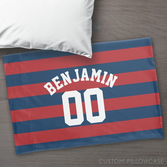 Name der Navy Blue und Red Rugby Stripes Kissenbezug (Custom Pillowcase)
